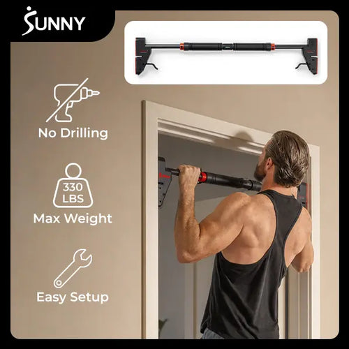 Sunny Health & Fitness Adjustable Pull Up Bar for Doors, No Drilling or Screws, Non-Slip Leveler Heavy Duty, 28"-38" Length, 330 LBS Capacity,