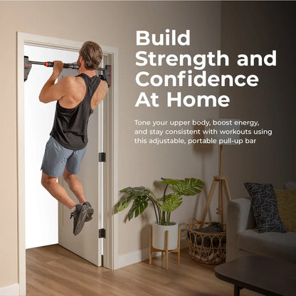 Sunny Health & Fitness Adjustable Pull Up Bar for Doors, No Drilling or Screws, Non-Slip Leveler Heavy Duty, 28"-38" Length, 330 LBS Capacity,